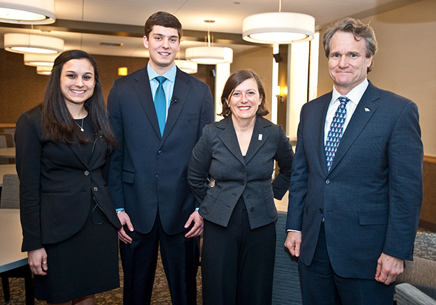 Madeleine Romeu '15 and Chris Bunsa '16 — both finance majors with accountancy minors — took turns with Dean Sylvia Maxfield asking questions of Bank of America CEO Brian Moynihan during the PCSB Dean's Symposium.