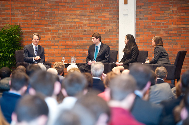 Dean Maxfield and the students asked Brian questions on a range of topics, including leadership, ethics, and the economy.