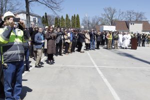 Members of the Providence College community gather for the Ryan Center Topping Off Ceremony.