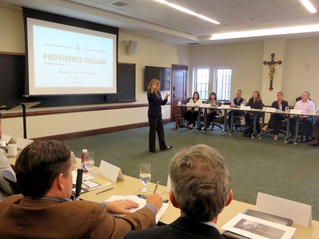 Dean Sylvia Maxfield speaks to Business Advisory Council members during St. Dominic Weekend 2016.