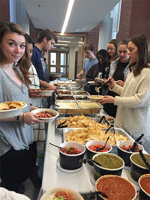 A buffet lunch from Qdoba Mexican Grill was served at the PC Men's Basketball game watch.