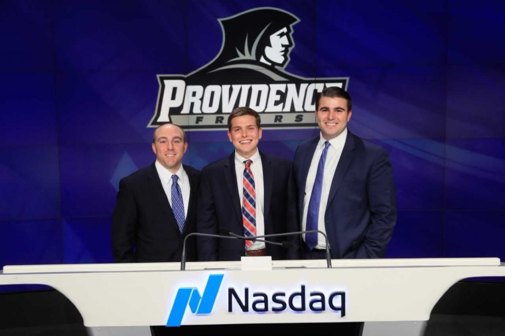 Zak Harvey at the Nasdaq shadow day with Kevin O'Neill '09 and Jack Cassidy '20.