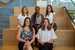 Benjamin Family Social Media Fellows 2019 Back row: Catherine (Kate) Brewer '20, Monét Eugene '20, Lindsay Medeiros '20 Front row: Colleen 'CJ' McCartin '20, Jennifer Wilson '20