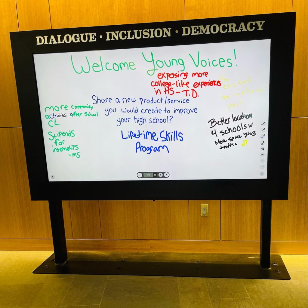 Dialogue Inclusion and Democracy Wall with writing on it saying Welcome Young Voices.