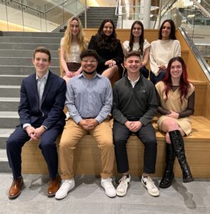 2022-23 Benjamin Family Social Media Fellows. Front row: Ryan Hanewich '23, Santiago Najarro Cano '24, Myles Forgue '24, Kayli Fagan '23. Back row: Lily Zgurzynski '25, Jenna Cobb '24, Katie Barton '23, Jenny Lynch '23