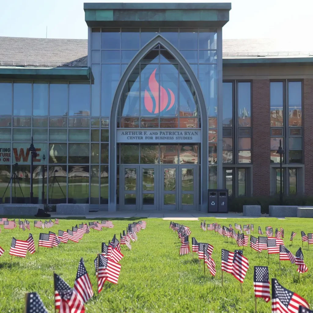Flags placed in front of the Ryan Center for Business Studies as part of the 9/11 memorial