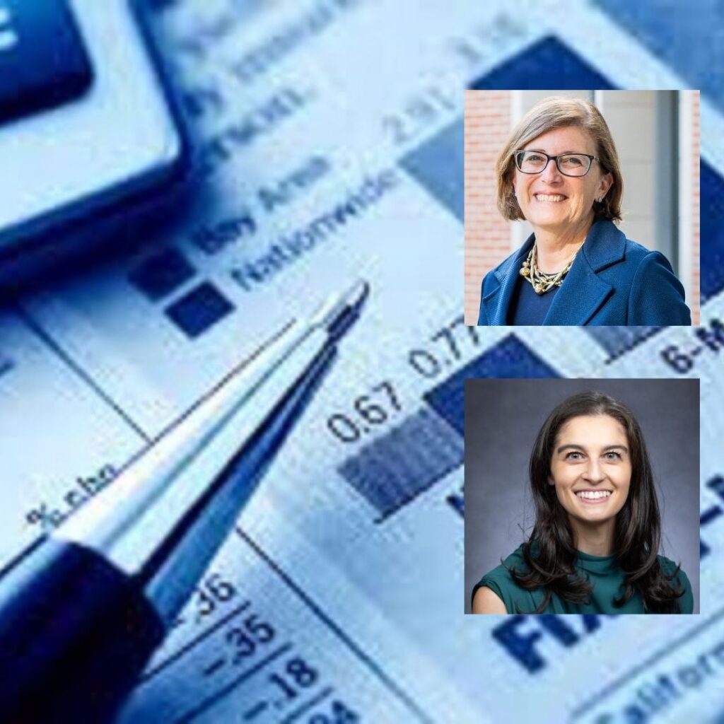Headshots of Sylvia Maxfield, Ph.D. and Melissa Mardo on a background of personal finance graphs and a ballpoint pen