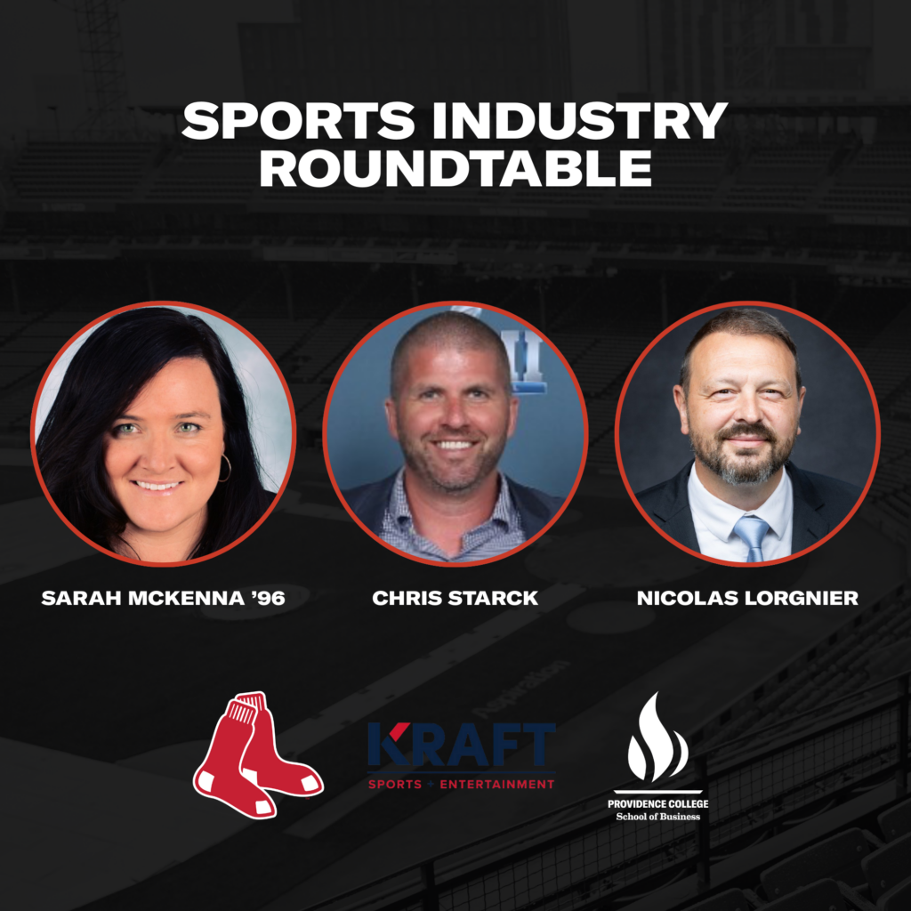 A sports industry roundtable event poster, featuring headshots of the three speakers: Sarah McKenna, Chris Starck, and Nicolas Lorgnier.