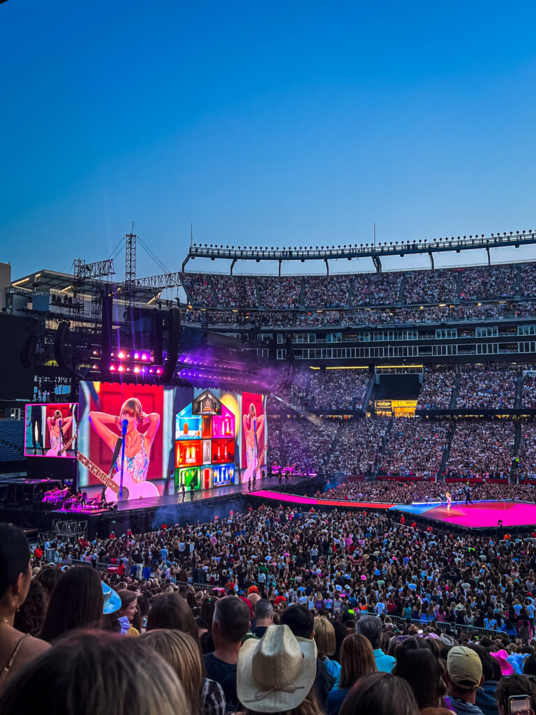 Taylor Swift performing at Gillette Stadium during the Eras Tour, May 2023, photographed by Providence College student Mackenzie Taylor ’27.